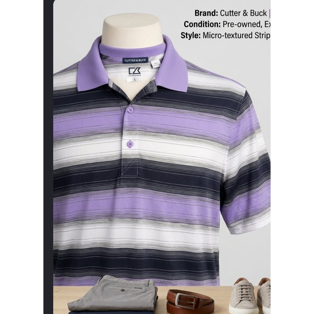 Cutter & Buck Mens DryTec Purple Striped Polo Shirt Short Sleeve Size M